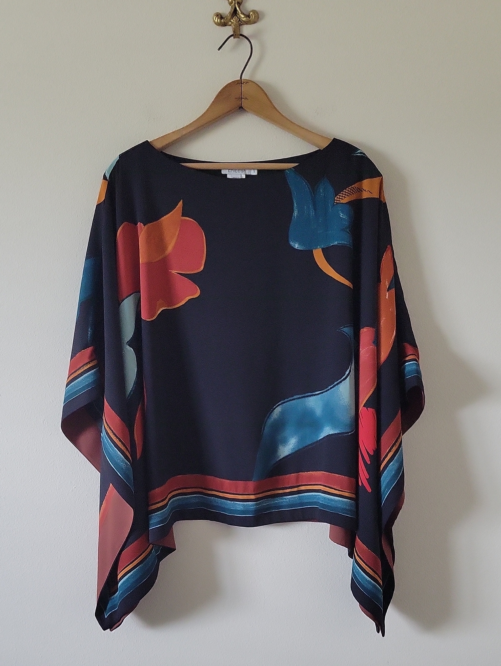 Chico's Black Floral Scarf Print Poncho Topper Size S/M